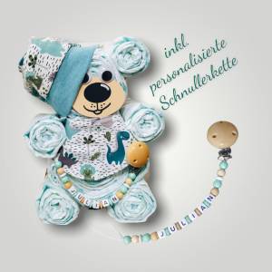 Windelbär, Geburtsgeschenk, Windeltorte - besonderes Geschenk zur Geburt - personalisierte Schnullerkette Bild 1