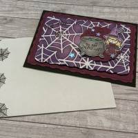 Grußkarte / Glückwunschkarte zu Halloween, „kleine Hexe gratuliert zum Geburtstag“, Spinnennetz, Handarbeit Bild 3