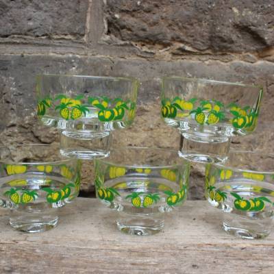 5 Dessertschalen Sektschalen Aperitiv Schalen Ananas Apfel Motiv Glas 70er 80er Jahre Italien