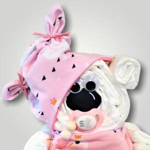 Windeltorte Bär Windelgeschenk Windelbär individuelles handmade Geschenk zur Geburt für Mädchen rosa Schwäne Ohrenmütze Bild 3