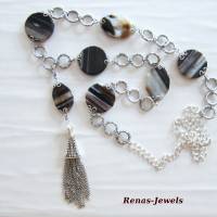 Edelsteinkette Bettelkette Onyx Perlen braun weiß beige gestreift silberfarben Edelstein Kette Quaste Anhänger Bild 4