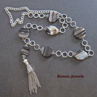 Edelsteinkette Bettelkette Onyx Perlen braun weiß beige gestreift silberfarben Edelstein Kette Quaste Anhänger Bild 5