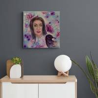 RAVENGIRL - modernes Acrylbild mit Dahlien und einem Raben 50cmx50cm Bild 3