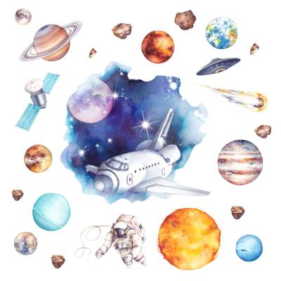 239 Wandtattoo Weltraum Planeten Astronaut Aquarell