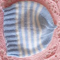 Mütze, 100% Wolle (weiche Merino), hellblau/ weiß gestreift, passt Neugeborenen, evtl. Frühchen Bild 5