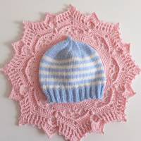 Mütze, 100% Wolle (weiche Merino), hellblau/ weiß gestreift, passt Neugeborenen, evtl. Frühchen Bild 6