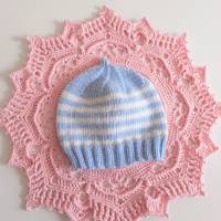 Mütze, 100% Wolle (weiche Merino), hellblau/ weiß gestreift, passt Neugeborenen, evtl. Frühchen Bild 7