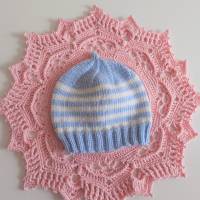 Mütze, 100% Wolle (weiche Merino), hellblau/ weiß gestreift, passt Neugeborenen, evtl. Frühchen Bild 8