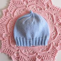 Reine Wolle, Mütze für Neugeborene/Frühchen, handgestrickt, uni hellblau Bild 6
