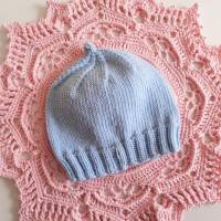 Reine Wolle, Mütze für Neugeborene/Frühchen, handgestrickt, uni hellblau Bild 7