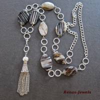 Edelsteinkette Bettelkette Onyx oval Perlen braun weiß beige gestreift silberfarben Edelstein Kette Quaste Anhänger Bild 2