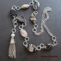 Edelsteinkette Bettelkette Onyx oval Perlen braun weiß beige gestreift silberfarben Edelstein Kette Quaste Anhänger Bild 3