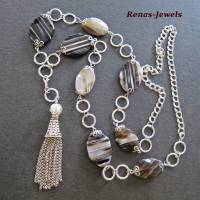 Edelsteinkette Bettelkette Onyx oval Perlen braun weiß beige gestreift silberfarben Edelstein Kette Quaste Anhänger Bild 5