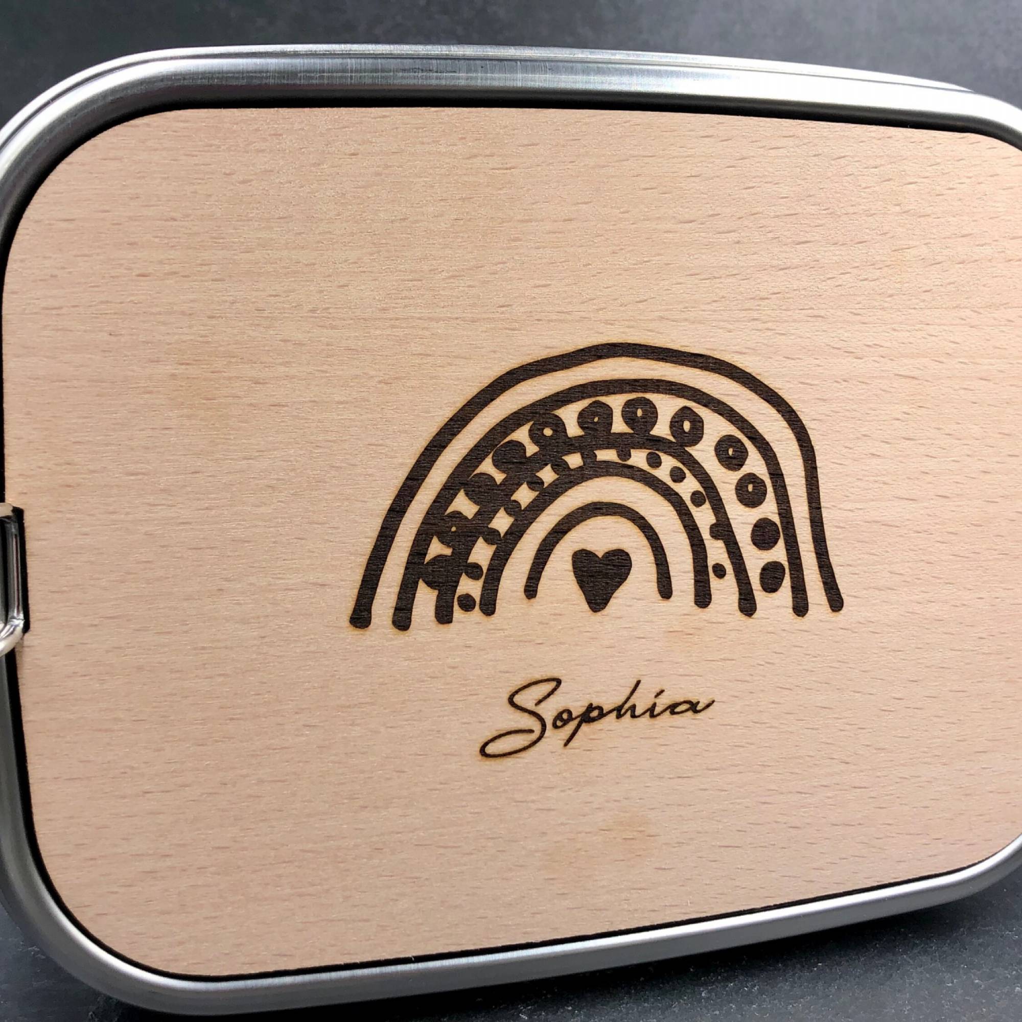 Brotdose aus Edelstahl  personalisiert mit Name und Bild, Lunchbox Brotdose mit Name und Schneidbrett aus Holz, Lunchbox