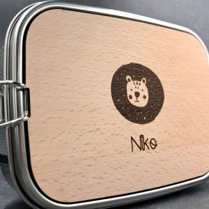 Brotdose aus Edelstahl  personalisiert mit Name und Bild, Lunchbox Brotdose mit Name und Schneidbrett aus Holz, Lunchbox Bild 3