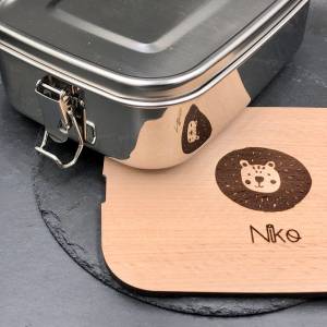 Brotdose aus Edelstahl  personalisiert mit Name und Bild, Lunchbox Brotdose mit Name und Schneidbrett aus Holz, Lunchbox Bild 5