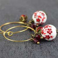 Ohrringe, Kirschblüten, Creolen, rot, weiß Bild 2
