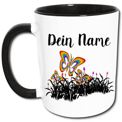 Regenbogen Schmetterlinge Tasse mit Name, Personalisierte Kaffeetasse mit Wunschname bedruckt, persönliches Geschenk