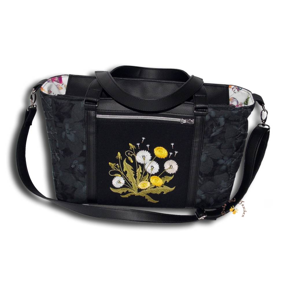 Bestickte schwarze Tasche mit Stickerei Löwenzahn Mohnblumen Handtaschen Umhängetaschen Schultertaschen Geschenkidee Bild 1
