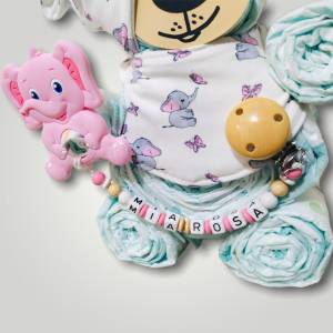 Windeltorte Mädchen, Windelbär, Windelgeschenk, Schnullerkette, Beißring -besonderes Geschenk zur Geburt - Bild 2