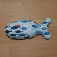Babygreifling "Fisch" mit Quietscher, genäht, blau, Biobaumwolle, GOTS, Handarbeit Bild 1