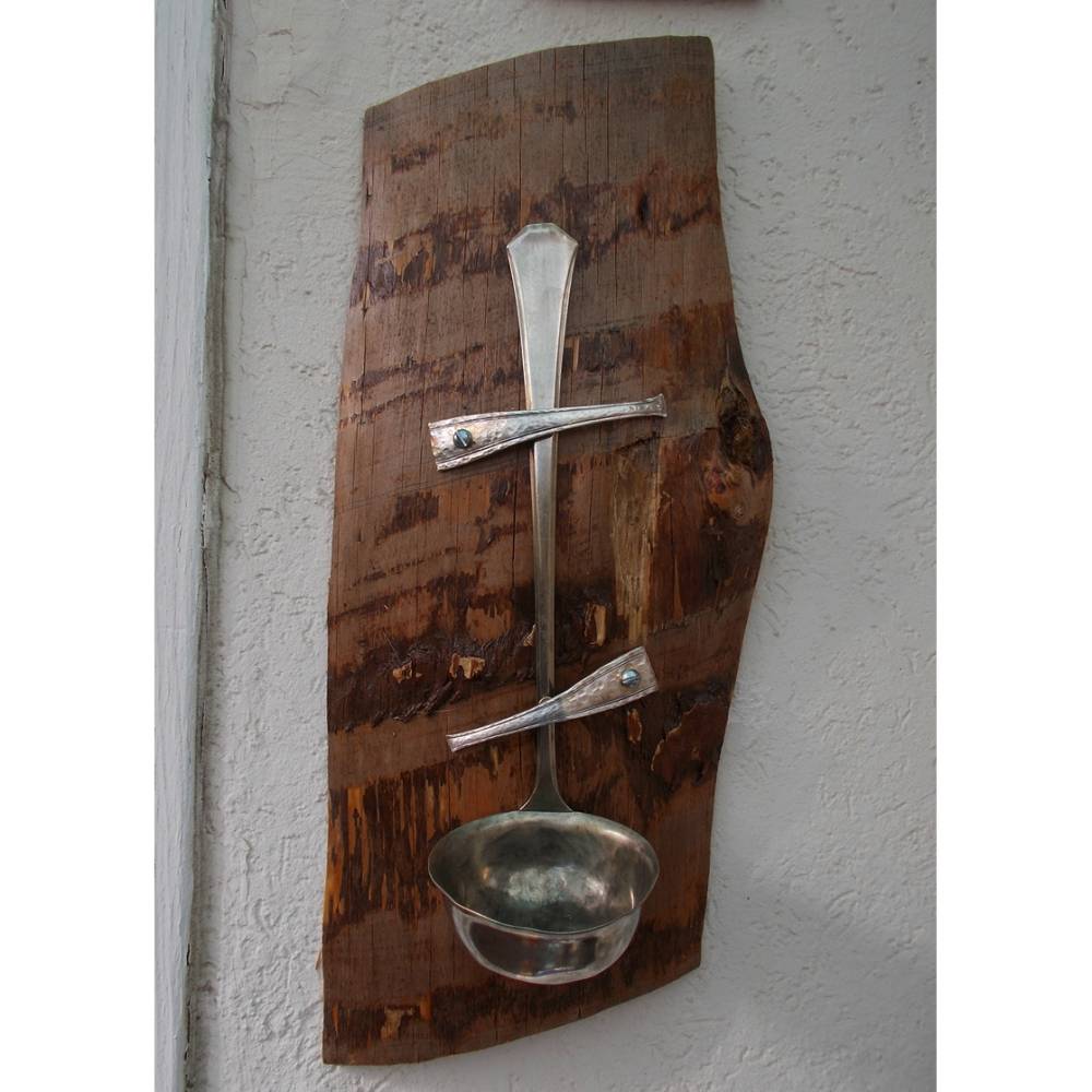 Teelichthalter Kerzenständer Wandleuchte  * Woody * aus einer Suppenkelle und einem Stück Holzschwarte Bild 1