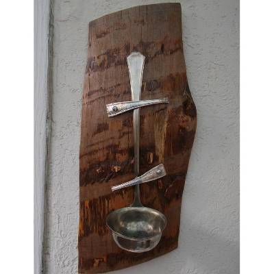 Teelichthalter Kerzenständer Wandleuchte * Woody * aus einer Suppenkelle und einem Stück Holzschwarte