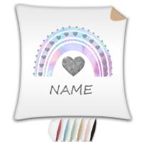 Kissen mit Name / Kissenbezug mit Füllung / satiniert oder kuschlig auch mit farbiger Rückseite / Pastell Regenbogen Bild 1