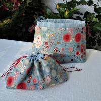 Täschchen Kinchakubeutel im Blumendesign und Kordel nachhaltig und vielseitig verwendbar blau Größe 1 Bild 2