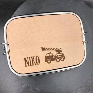 Brotdose für Kinder aus Edelstahl  personalisiert mit Name und Bild, Lunchbox mit Name und Schneidbrett aus Holz, Lunchb Bild 1