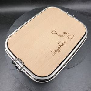 Brotdose für Kinder aus Edelstahl  personalisiert mit Name und Bild, Lunchbox mit Name und Schneidbrett aus Holz, Lunchb Bild 4