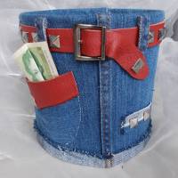 Blumentopf Übertopf Tischeimer Geldgeschenk  HOT JEANS Jeans + echt Leder rot blau Bild 2