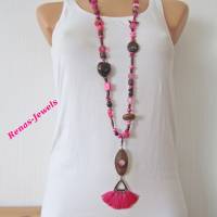 Bettelkette Hippie Ibiza Boho Kette lang Perlenkette pink kupferfarben Quasten Anhänger Muscheln Holzperlen Bild 1
