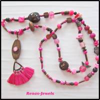 Bettelkette Hippie Ibiza Boho Kette lang Perlenkette pink kupferfarben Quasten Anhänger Muscheln Holzperlen Bild 2