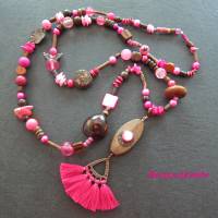 Bettelkette Hippie Ibiza Boho Kette lang Perlenkette pink kupferfarben Quasten Anhänger Muscheln Holzperlen Bild 4