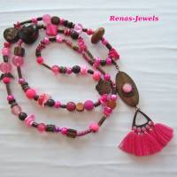 Bettelkette Hippie Ibiza Boho Kette lang Perlenkette pink kupferfarben Quasten Anhänger Muscheln Holzperlen Bild 5