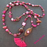 Bettelkette Hippie Ibiza Boho Kette lang Perlenkette pink kupferfarben Quasten Anhänger Muscheln Holzperlen Bild 7