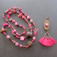 Bettelkette Hippie Ibiza Boho Kette lang Perlenkette pink kupferfarben Quasten Anhänger Muscheln Holzperlen Bild 9