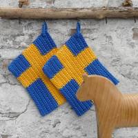 Topflappen, 1 Set / 2 Stück, 100 % Baumwolle, blau-gelb, Flagge Schweden, Handarbeit, gehäkelt, Thermostich Bild 1