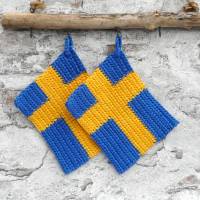 Topflappen, 1 Set / 2 Stück, 100 % Baumwolle, blau-gelb, Flagge Schweden, Handarbeit, gehäkelt, Thermostich Bild 4