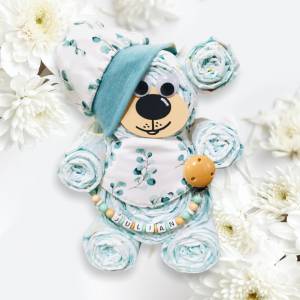 Windeltorte Bär, Windelbär - ausgefallenes Geschenk zur Geburt - personalisierte Schnullerkette, Mütze, Halstuch - Junge Bild 1