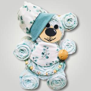 Windeltorte Bär, Windelbär - ausgefallenes Geschenk zur Geburt - personalisierte Schnullerkette, Mütze, Halstuch - Junge Bild 2
