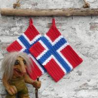 Topflappen, 1 Set / 2 Stück, 100 % Baumwolle, rot, blau,weiß, Flagge Norwegen, Handarbeit, gehäkelt, Thermostich Bild 1