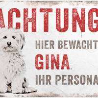 Hundeschild ACHTUNG! (Malteser) mit Hundename, wetterbeständiges Warnschild Bild 1