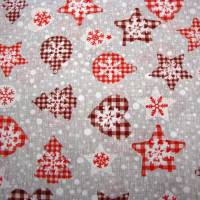 Deko-Stoffe Weihnachten Sterne  Tannenbaum Herzen Kugeln Karomuster rot weiss auf grau Weihnachtsstoffe Meterware Bild 1