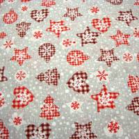 Deko-Stoffe Weihnachten Sterne  Tannenbaum Herzen Kugeln Karomuster rot weiss auf grau Weihnachtsstoffe Meterware Bild 2