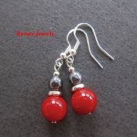 Perlen Ohrhänger Hämatit Perlen und synthetische Koralle rot schwarz silberfarben Ohrringe Ohrhaken aus 925 Silber Bild 1