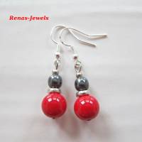 Perlen Ohrhänger Hämatit Perlen und synthetische Koralle rot schwarz silberfarben Ohrringe Ohrhaken aus 925 Silber Bild 2