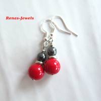 Perlen Ohrhänger Hämatit Perlen und synthetische Koralle rot schwarz silberfarben Ohrringe Ohrhaken aus 925 Silber Bild 3