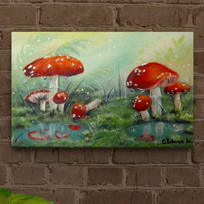 Fliegenpilze nach dem Regen - tolles Bild mit Pilzen 55cm33cm in rot-grün